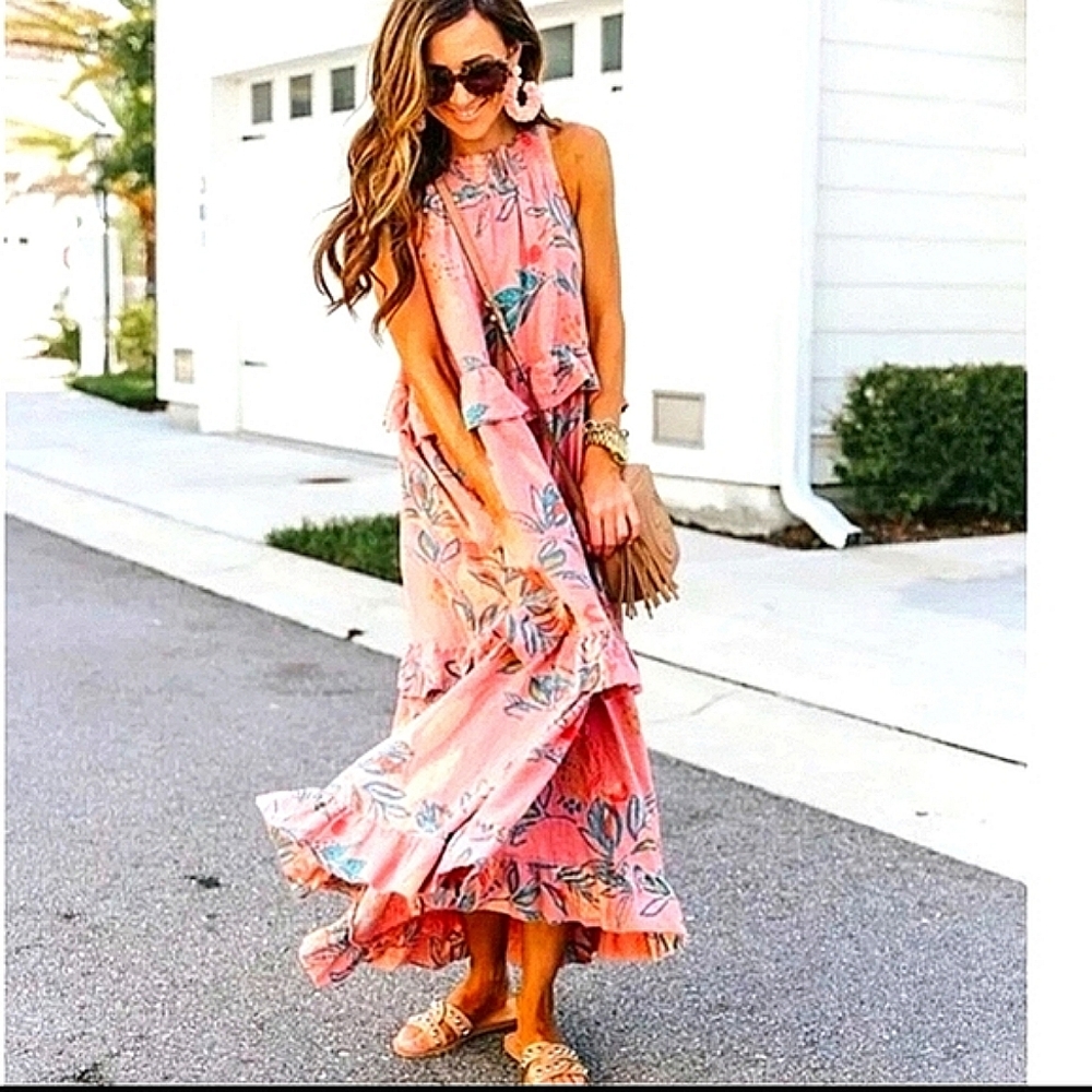 Free People BOHO printed pink blue floral Anita maxi sundress sleeveless. XS 4 6